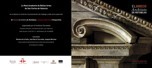 Invitación de la presentación “El Greco Architeto de retablos” en la Real Academia de Bellas Artes de San Carlos de Valencia